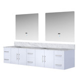 Lexora Geneva 84" Glossy White Double Wall Mount Vanity Cabinet, White Carrara Marble Top, White Square Sinks and 36" LED Mirrors