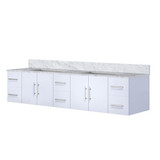 Lexora Geneva 84" Glossy White Double Wall Mount Vanity Cabinet, White Carrara Marble Top, White Square Sinks and no Mirror