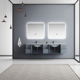 Lexora Geneva 84" Dark Grey Double Wall Mount Vanity, White Carrara Marble Top, White Square Sinks and 36" LED Mirrors w/ Faucets