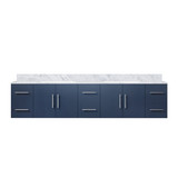 Lexora Geneva 84" Navy Blue Double Wall Mount Vanity Cabinet, White Carrara Marble Top, White Square Sinks and no Mirror