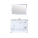 Lexora Dukes 48" White Single Vanity Cabinet, White Carrara Marble Top, White Square Sink and 46" Mirror w/ Faucet