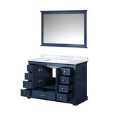 Lexora Dukes 48" Navy Blue Single Vanity Cabinet, White Carrara Marble Top, White Square Sink and 46" Mirror