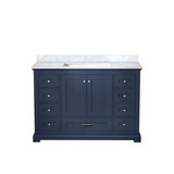 Lexora Dukes 48" Navy Blue Single Vanity Cabinet, White Carrara Marble Top, White Square Sink and no Mirror