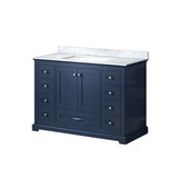 Lexora Dukes 48" Navy Blue Single Vanity Cabinet, White Carrara Marble Top, White Square Sink and no Mirror