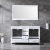 Lexora Dukes 60" White Double Vanity, White Carrara Marble Top, White Square Sinks and 58" Mirror w/ Faucets