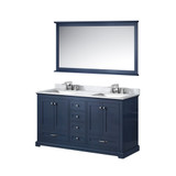 Lexora Dukes 60" Navy Blue Double Vanity Cabinet, White Carrara Marble Top, White Square Sinks and 58" Mirror w/ Faucets
