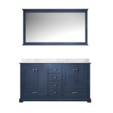 Lexora Dukes 60" Navy Blue Double Vanity Cabinet, White Carrara Marble Top, White Square Sinks and 58" Mirror