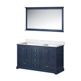 Lexora Dukes 60" Navy Blue Double Vanity Cabinet, White Carrara Marble Top, White Square Sinks and 58" Mirror