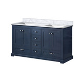 Lexora Dukes 60" Navy Blue Double Vanity Cabinet, White Carrara Marble Top, White Square Sinks and no Mirror