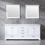 Lexora Dukes 80" White Double Vanity, White Carrara Marble Top, White Square Sinks and 30" Mirrors w/ Faucets