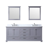 Lexora Dukes 80" Dark Grey Double Vanity Cabinet, White Carrara Marble Top, White Square Sinks and 30" Mirrors w/ Faucets