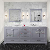 Lexora Dukes 80" Dark Grey Double Vanity Cabinet, White Carrara Marble Top, White Square Sinks and 30" Mirrors w/ Faucets