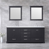 Lexora Dukes 80" Espresso Double Vanity, White Carrara Marble Top, White Square Sinks and 30" Mirrors w/ Faucets