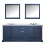 Lexora Dukes 80" Navy Blue Double Vanity Cabinet, White Carrara Marble Top, White Square Sinks and 30" Mirrors w/ Faucets