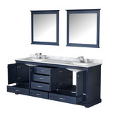 Lexora Dukes 80" Navy Blue Double Vanity Cabinet, White Carrara Marble Top, White Square Sinks and 30" Mirrors w/ Faucets