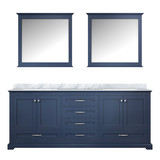 Lexora Dukes 80" Navy Blue Double Vanity Cabinet, White Carrara Marble Top, White Square Sinks and 30" Mirrors