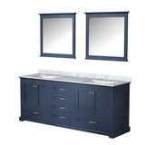 Lexora Dukes 80" Navy Blue Double Vanity Cabinet, White Carrara Marble Top, White Square Sinks and 30" Mirrors