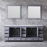 Lexora Dukes 84" Dark Grey Double Vanity, White Carrara Marble Top, White Square Sinks and 34" Mirrors w/ Faucets