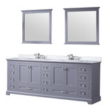 Lexora Dukes 84" Dark Grey Double Vanity Cabinet, White Carrara Marble Top, White Square Sinks and 34" Mirrors w/ Faucets