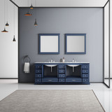 Lexora Dukes 84" Navy Blue Double Vanity, White Carrara Marble Top, White Square Sinks and 34" Mirrors w/ Faucets