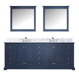 Lexora Dukes 84" Navy Blue Double Vanity Cabinet, White Carrara Marble Top, White Square Sinks and 34" Mirrors w/ Faucets