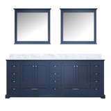Lexora Dukes 84" Navy Blue Double Vanity Cabinet, White Carrara Marble Top, White Square Sinks and 34" Mirrors
