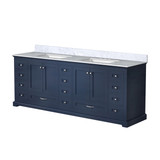 Lexora Dukes 84" Navy Blue Double Vanity Cabinet, White Carrara Marble Top, White Square Sinks and no Mirror