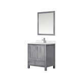 Lexora Jacques 30" Distressed Grey Single Vanity Cabinet, White Carrara Marble Top, White Square Sink and 28" Mirror w/ Faucet