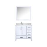 Lexora Jacques 36" White Single Vanity Cabinet, White Carrara Marble Top, White Square Sink and 34" Mirror w/ Faucet - Left Version