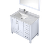 Lexora Jacques 36" White Single Vanity Cabinet, White Carrara Marble Top, White Square Sink and 34" Mirror w/ Faucet - Left Version