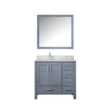 Lexora Jacques 36" Dark Grey Single Vanity Cabinet, White Carrara Marble Top, White Square Sink and 34" Mirror w/ Faucet - Left Version
