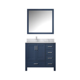 Lexora Jacques 36" Navy Blue Single Vanity Cabinet, White Carrara Marble Top, White Square Sink and 34" Mirror w/ Faucet - Left Version
