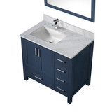 Lexora Jacques 36" Navy Blue Single Vanity Cabinet, White Carrara Marble Top, White Square Sink and 34" Mirror w/ Faucet - Left Version