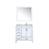 Lexora Jacques 36" White Single Vanity Cabinet, White Carrara Marble Top, White Square Sink and 34" Mirror w/ Faucet - Right Version