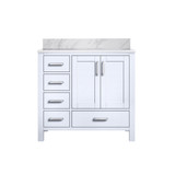 Lexora Jacques 36" White Single Vanity Cabinet, Carrara Marble Top, White Square Sink and no Mirror - Right Version