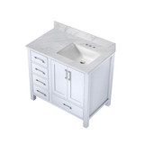Lexora Jacques 36" White Single Vanity Cabinet, Carrara Marble Top, White Square Sink and no Mirror - Right Version