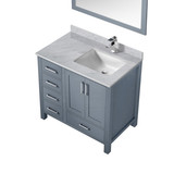 Lexora Jacques 36" Dark Grey Single Vanity Cabinet, White Carrara Marble Top, White Square Sink and 34" Mirror w/ Faucet - Right Version