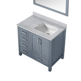 Lexora Jacques 36" Dark Grey Single Vanity Cabinet, White Carrara Marble Top, White Square Sink and 34" Mirror - Right Version