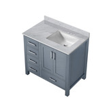 Lexora Jacques 36" Dark Grey Single Vanity Cabinet, White Carrara Marble Top, White Square Sink and no Mirror - Right Version