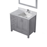 Lexora Jacques 36" Distressed Grey Single Vanity Cabinet, White Carrara Marble Top, White Square Sink and 34" Mirror w/ Faucet - Right Version