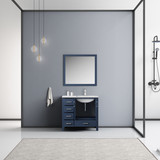 Lexora Jacques 36" Navy Blue Single Vanity, White Carrara Marble Top, White Square Sink and 34" Mirror w/ Faucet - Right Version