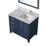 Lexora Jacques 36" Navy Blue Single Vanity Cabinet, White Carrara Marble Top, White Square Sink and 34" Mirror w/ Faucet - Right Version