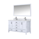 Lexora Jacques 60" White Double Vanity Cabinet, White Carrara Marble Top, White Square Sinks and 58" Mirror w/ Faucets