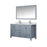 Lexora Jacques 60" Dark Grey Double Vanity Cabinet, White Carrara Marble Top, White Square Sinks and 58" Mirror w/ Faucets