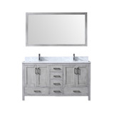 Lexora Jacques 60" Distressed Grey Double Vanity Cabinet, White Carrara Marble Top, White Square Sinks and 58" Mirror w/ Faucets