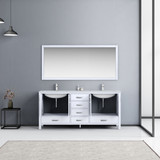 Lexora Jacques 72" White Double Vanity, White Carrara Marble Top, White Square Sinks and 70" Mirror w/ Faucets