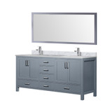 Lexora Jacques 72" Dark Grey Double Vanity Cabinet, White Carrara Marble Top, White Square Sinks and 70" Mirror w/ Faucets