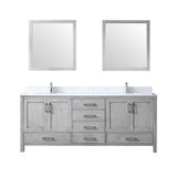 Lexora Jacques 80" Distressed Grey Double Vanity Cabinet, White Carrara Marble Top, White Square Sinks and 30" Mirrors w/ Faucets