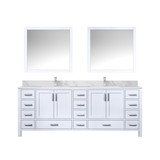 Lexora Jacques 84" White Double Vanity Cabinet, White Carrara Marble Top, White Square Sinks and 34" Mirrors w/ Faucets