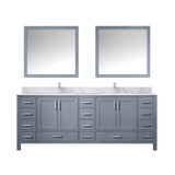 Lexora Jacques 84" Dark Grey Double Vanity Cabinet, White Carrara Marble Top, White Square Sinks and 34" Mirrors w/ Faucets